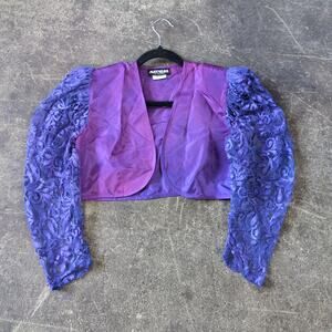 Vintage 80s Mayvens Crop Blazer Jacket Womens 3 Purple Faded Lace Open Front
